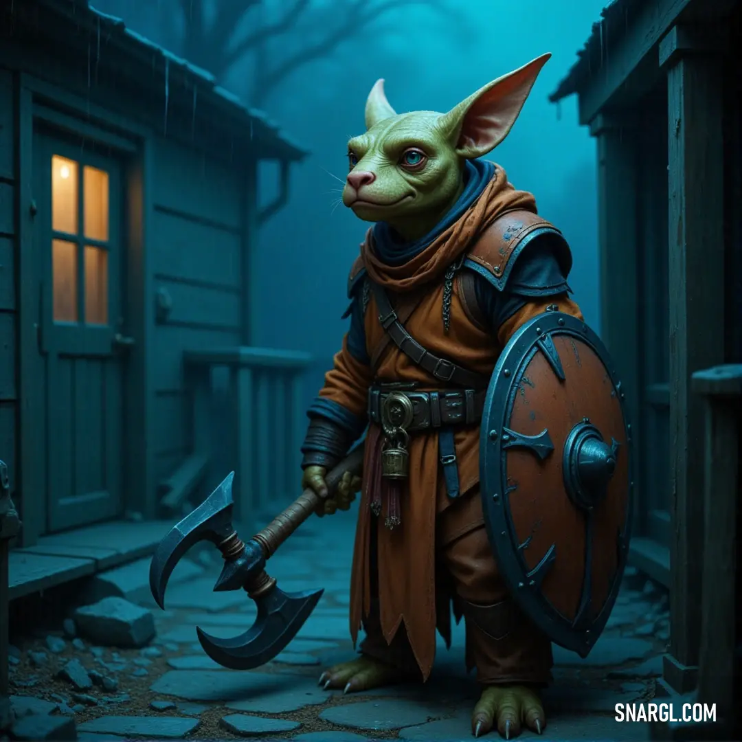 A whimsical toy cat figure, equipped with a large axe and shield, stands vigil on a cobblestone street illuminated by the soft glow of nighttime, showcasing playful adventure in a serene setting.