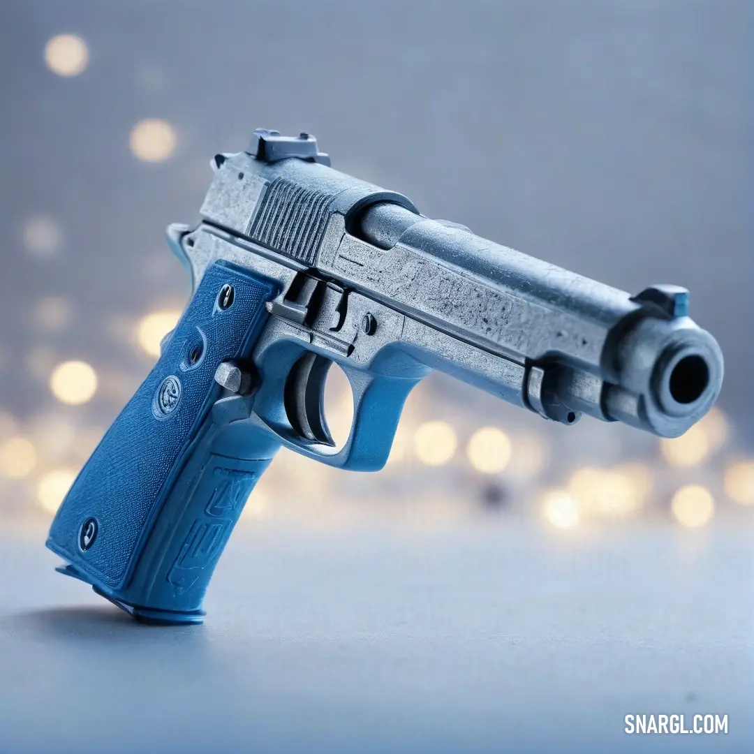 A playful toy gun with a vibrant blue handle rests on a table, illuminated by twinkling lights in the background. The contrast of colors adds a whimsical touch, evoking memories of childhood adventures and imagination.