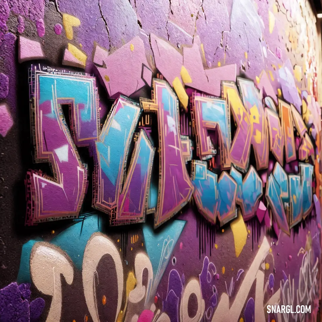 A vibrant hallway covered in graffiti, with bright purple and blue colors splashed across the walls. Bold letters and intricate patterns add energy to the space, showcasing urban street art that brings the walls to life.