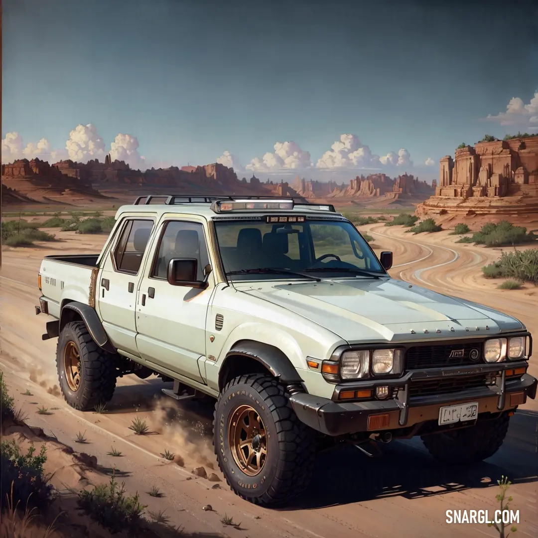 A white truck travels down a dusty desert road, the barren landscape stretching endlessly ahead. The bright blue sky above contrasts with the earthy tones of the terrain, emphasizing the vastness and isolation of the desert.