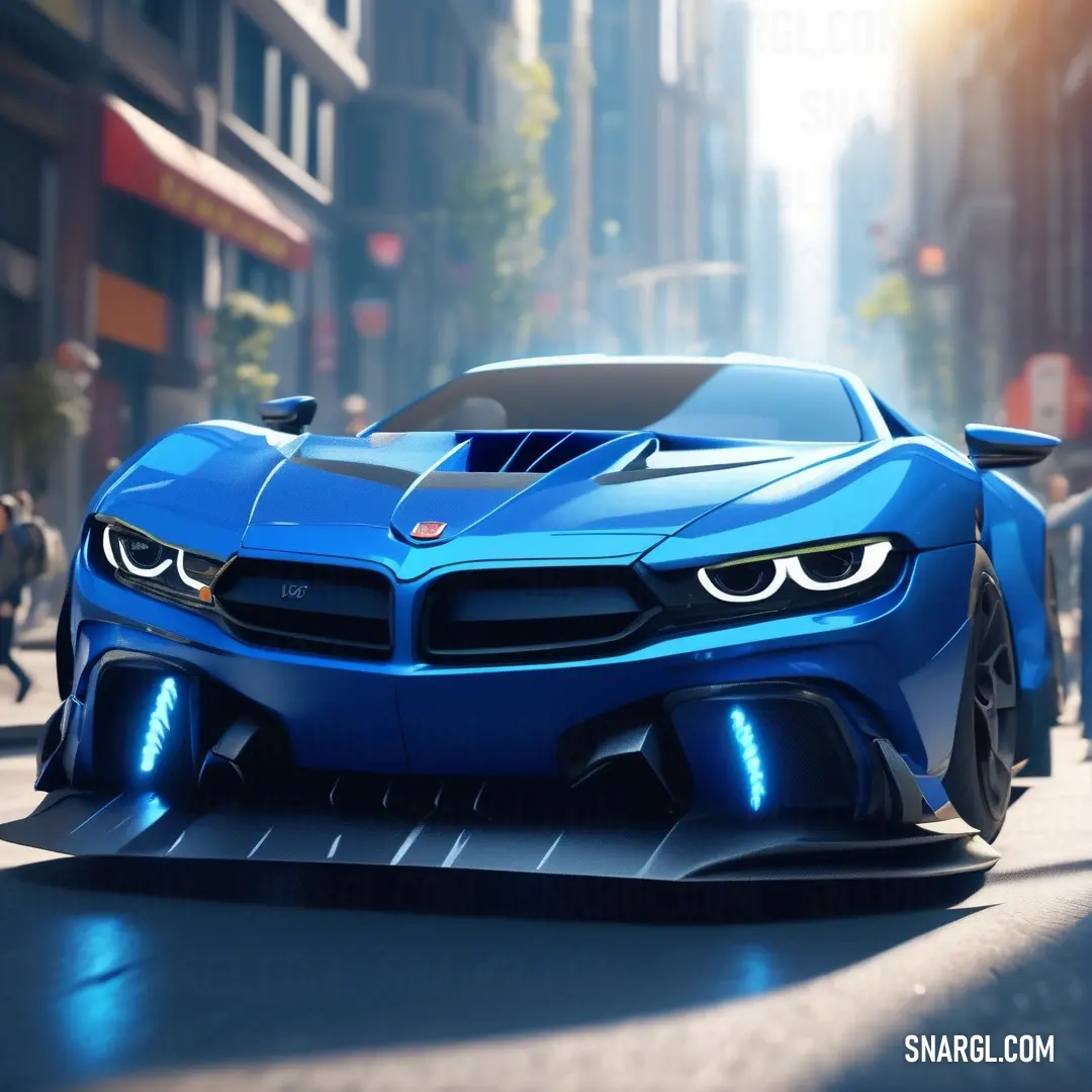 Blue sports car driving down a city street in a game scene with people walking by and a person walking by. Example of #0068AF color.
