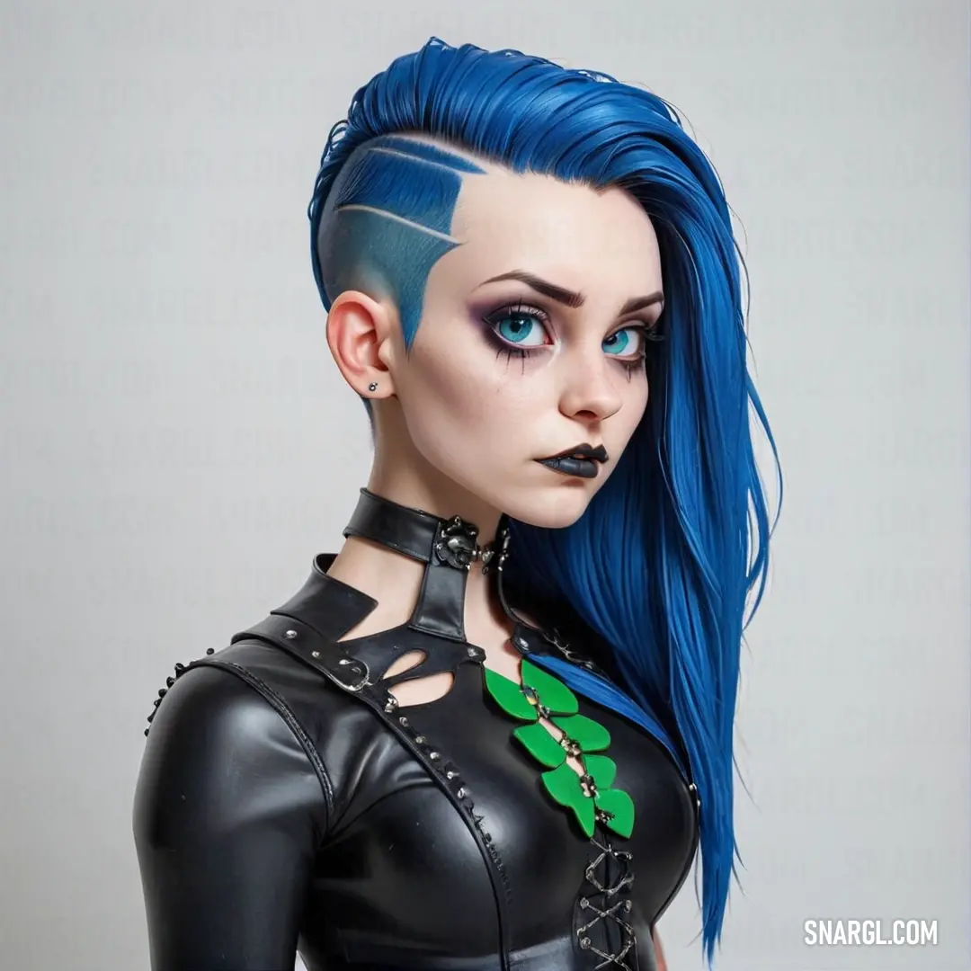 Woman with blue hair and black leather outfit with green leaves on her chest and a piercing on her head. Example of CMYK 100,52,0,0 color.