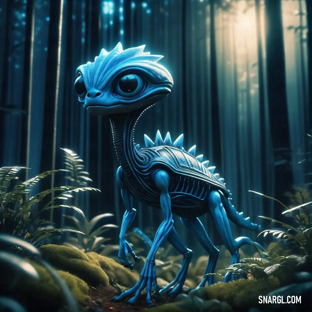 Blue creature standing in a forest with tall grass and trees in the background. Color #1B4677.