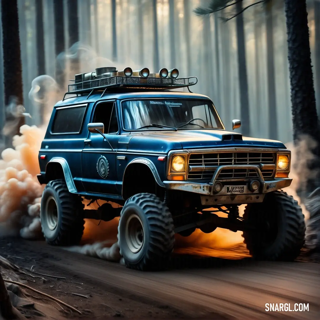 Blue truck with a light on driving through a forest filled with trees and smoke coming out of the tires. Example of #1B4677 color.