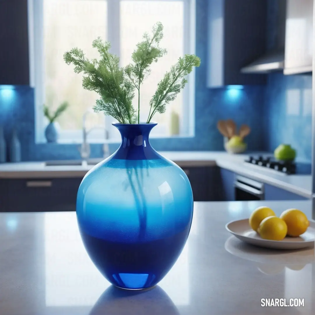 Blue vase with a plant in it on a counter top next to a plate of lemons and a bowl of greens. Color PANTONE 294.