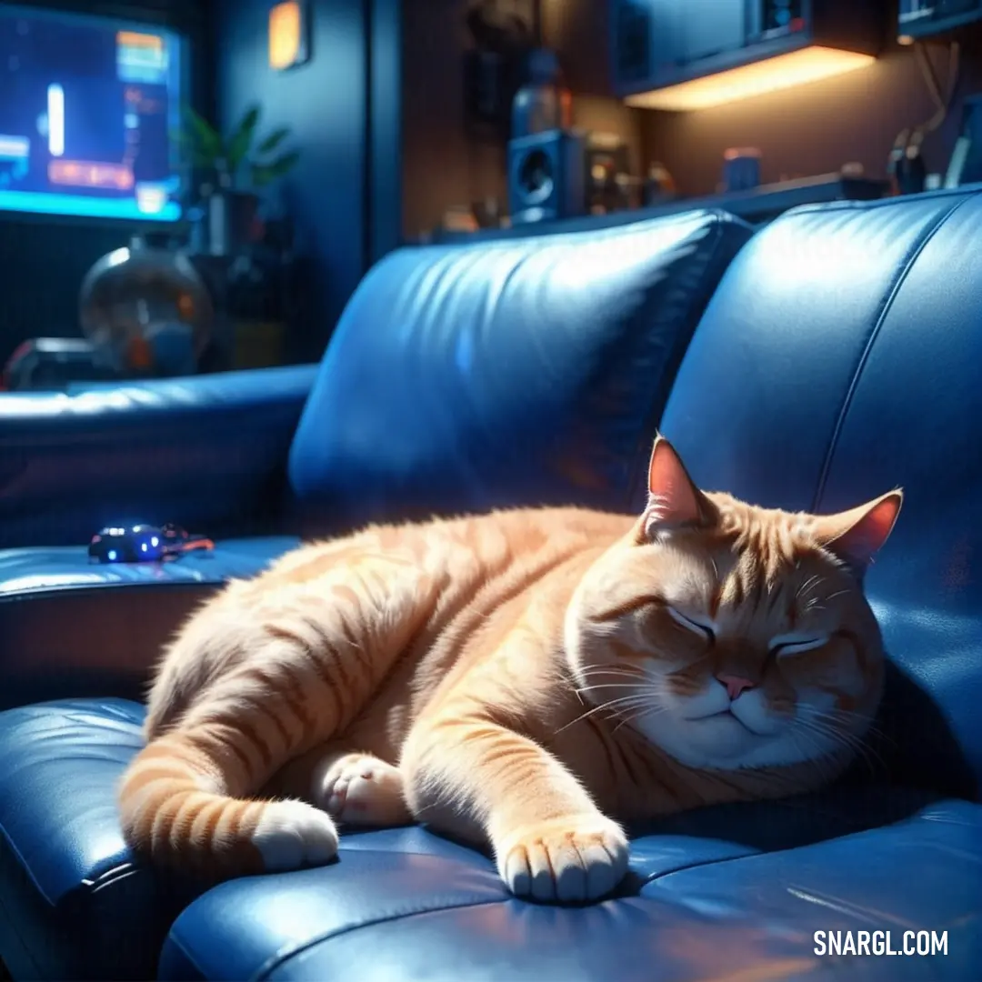 Cat is laying on a blue leather couch in a living room with a television in the background. Color CMYK 100,69,7,30.