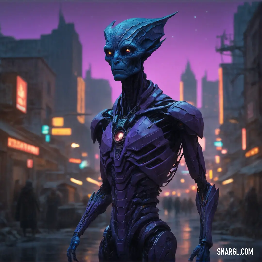 Man in a futuristic city with a glowing face and a blue alien costume on his body. Example of #1B4677 color.