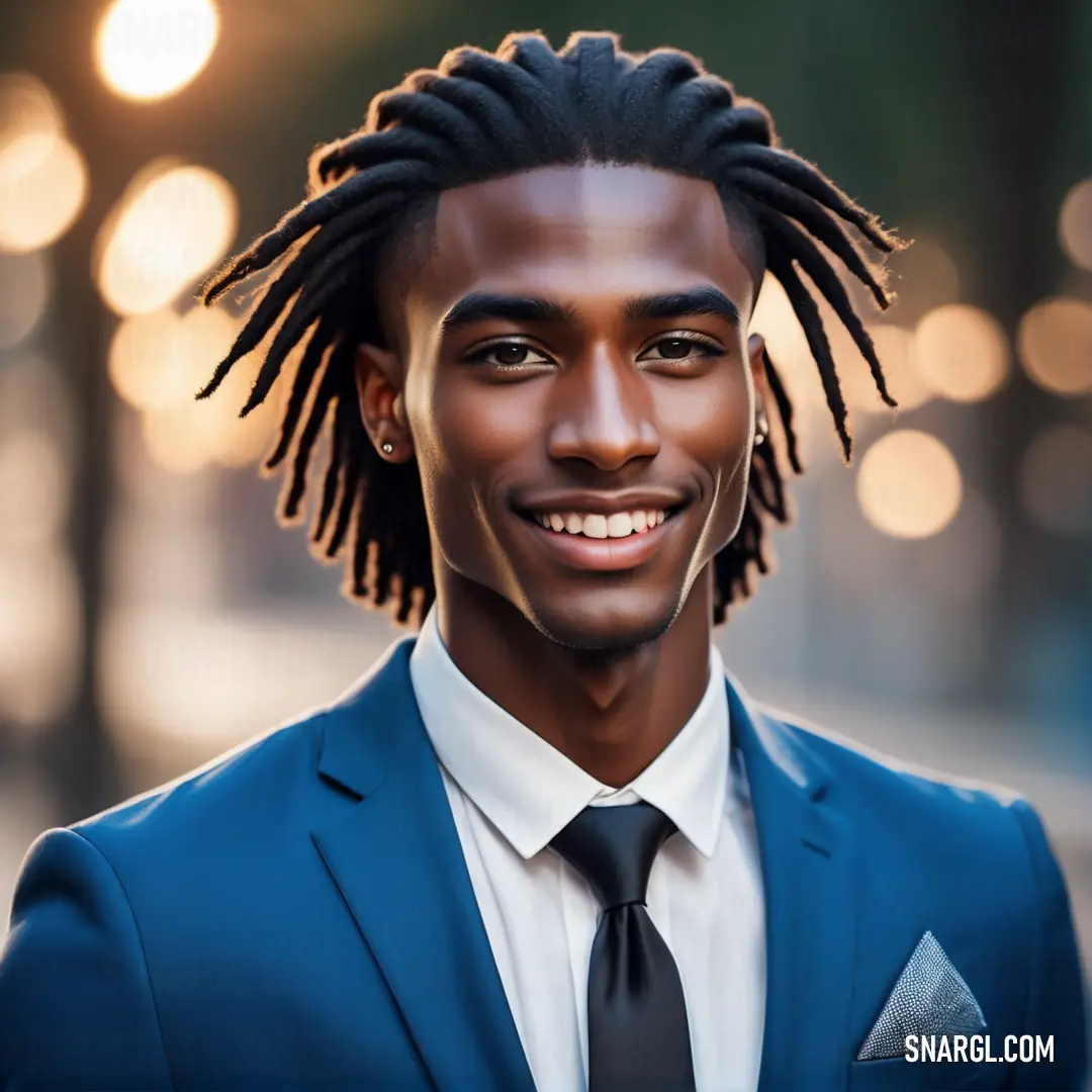 Man with dreadlocks wearing a suit and tie smiling at the camera with a blurry background. Color CMYK 100,69,7,30.
