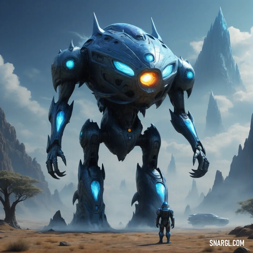 Robot with glowing eyes standing in a desert area with a mountain in the background. Example of PANTONE 294 color.