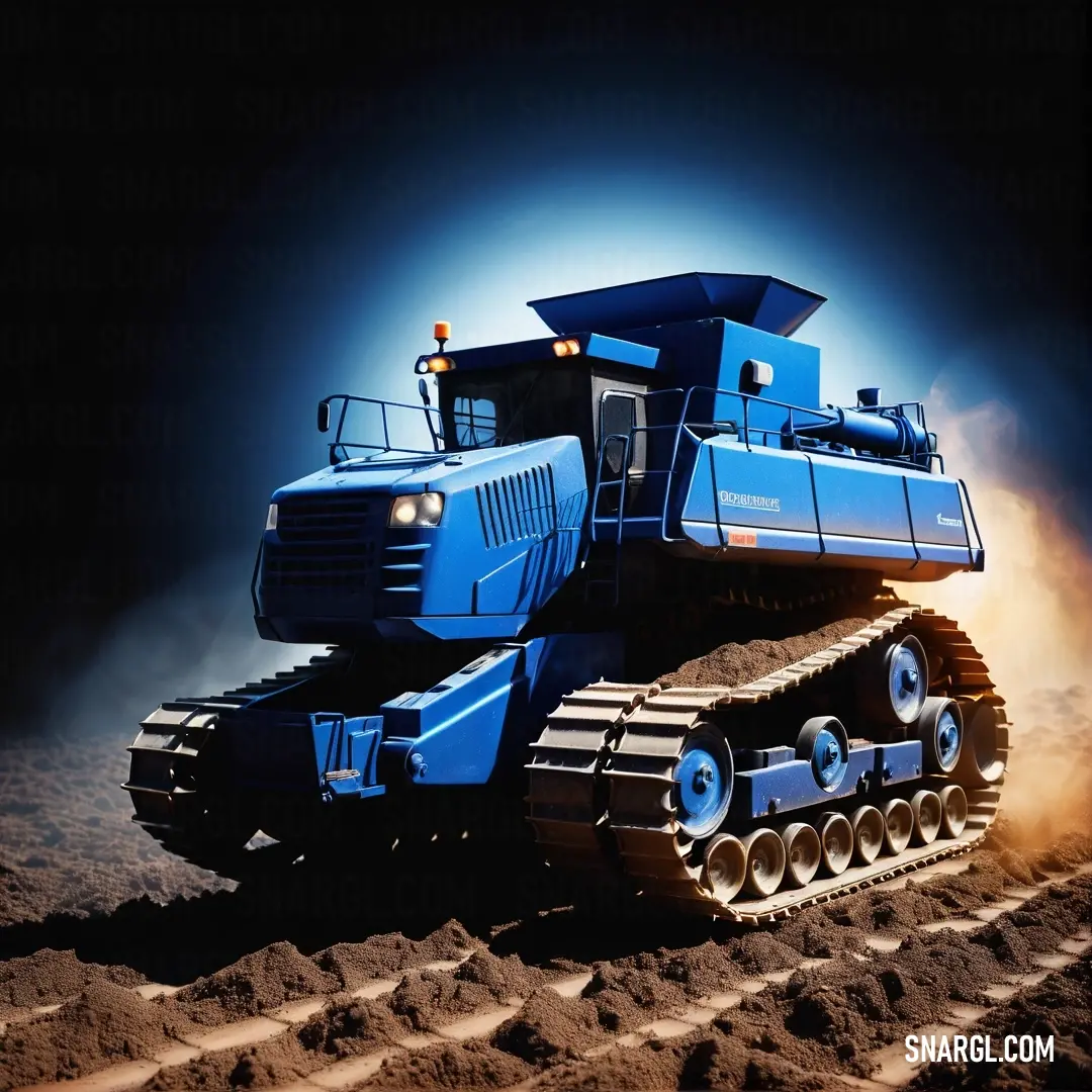Blue tractor is driving through the dirt and dirt tracks in the dark. Example of #005E98 color.