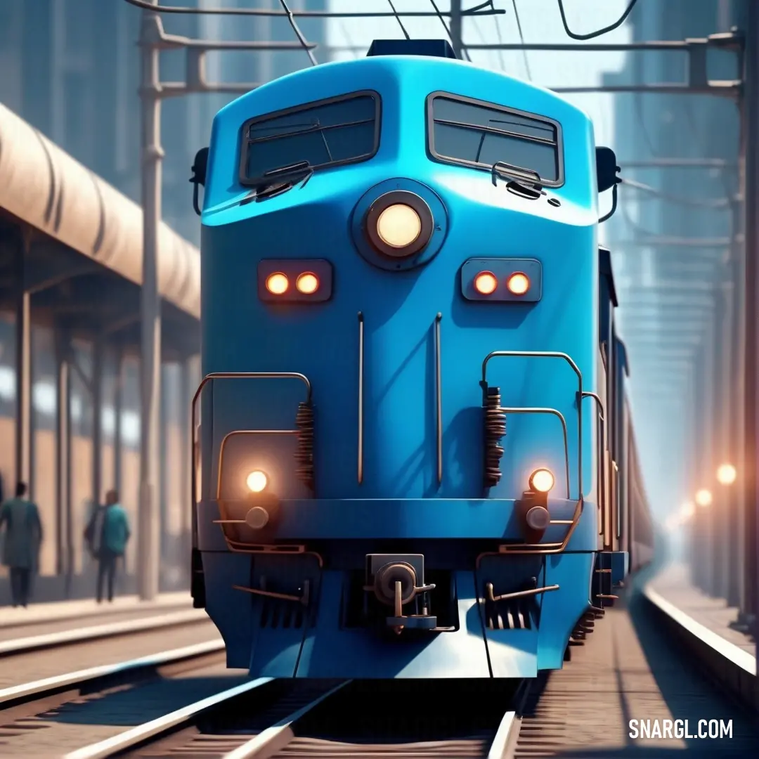 PANTONE 2945 color example: Blue train traveling down train tracks next to a tall building with a clock on it's side