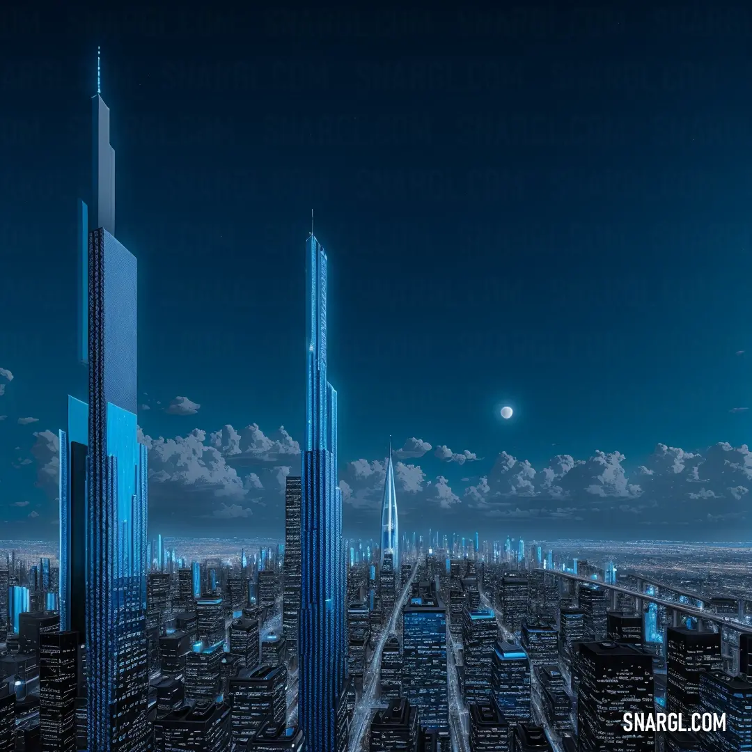 City with tall buildings and a full moon in the sky above it and a few clouds in the sky. Example of #005E98 color.
