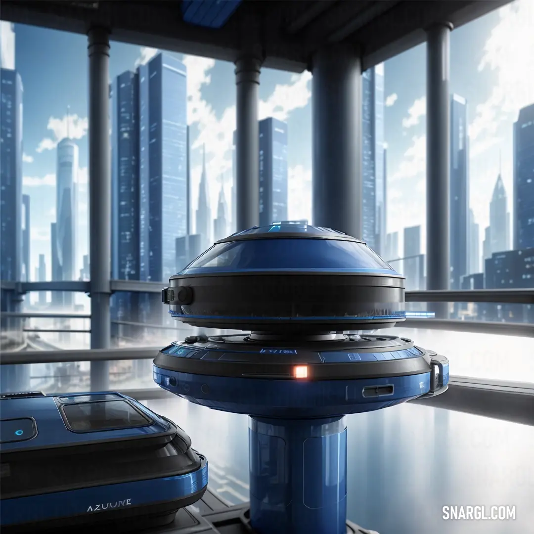 PANTONE 295 color. Futuristic city with a blue and black object in the foreground and a blue and black object in the background