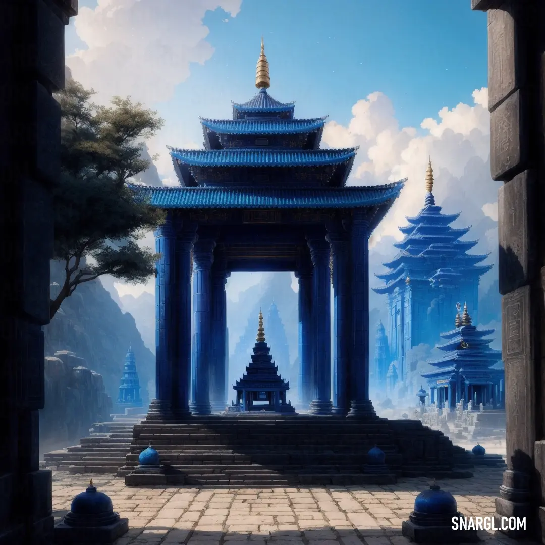 Painting of a blue pagoda in a park with a blue sky background. Example of RGB 31,58,96 color.