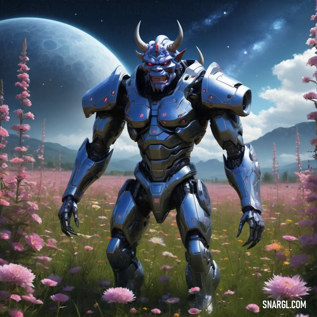 Robot with a huge head standing in a field of flowers with a moon in the background. Example of CMYK 100,69,8,54 color.
