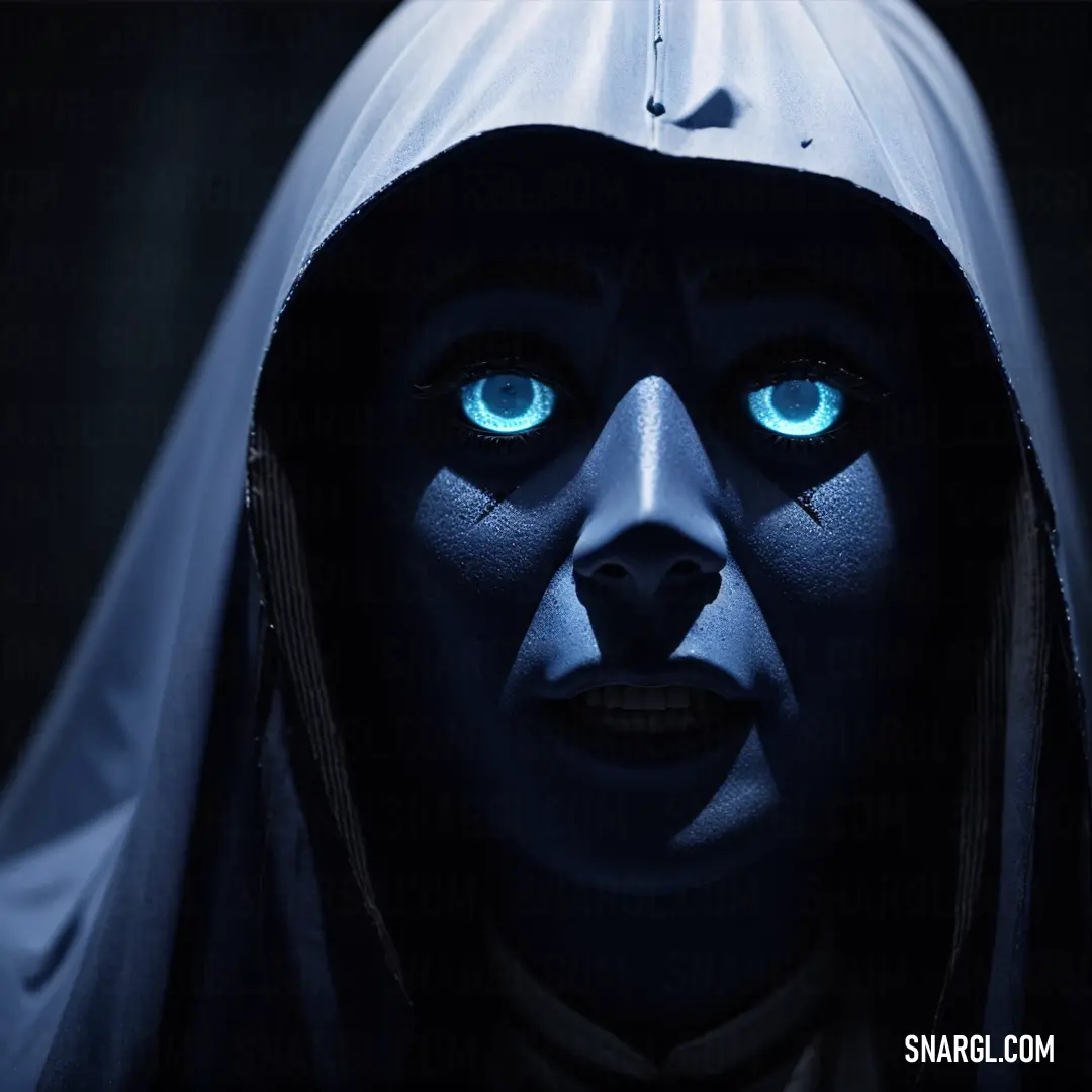 Woman with blue eyes and a hood on her head is staring at the camera with a creepy look on her face. Color PANTONE 295.