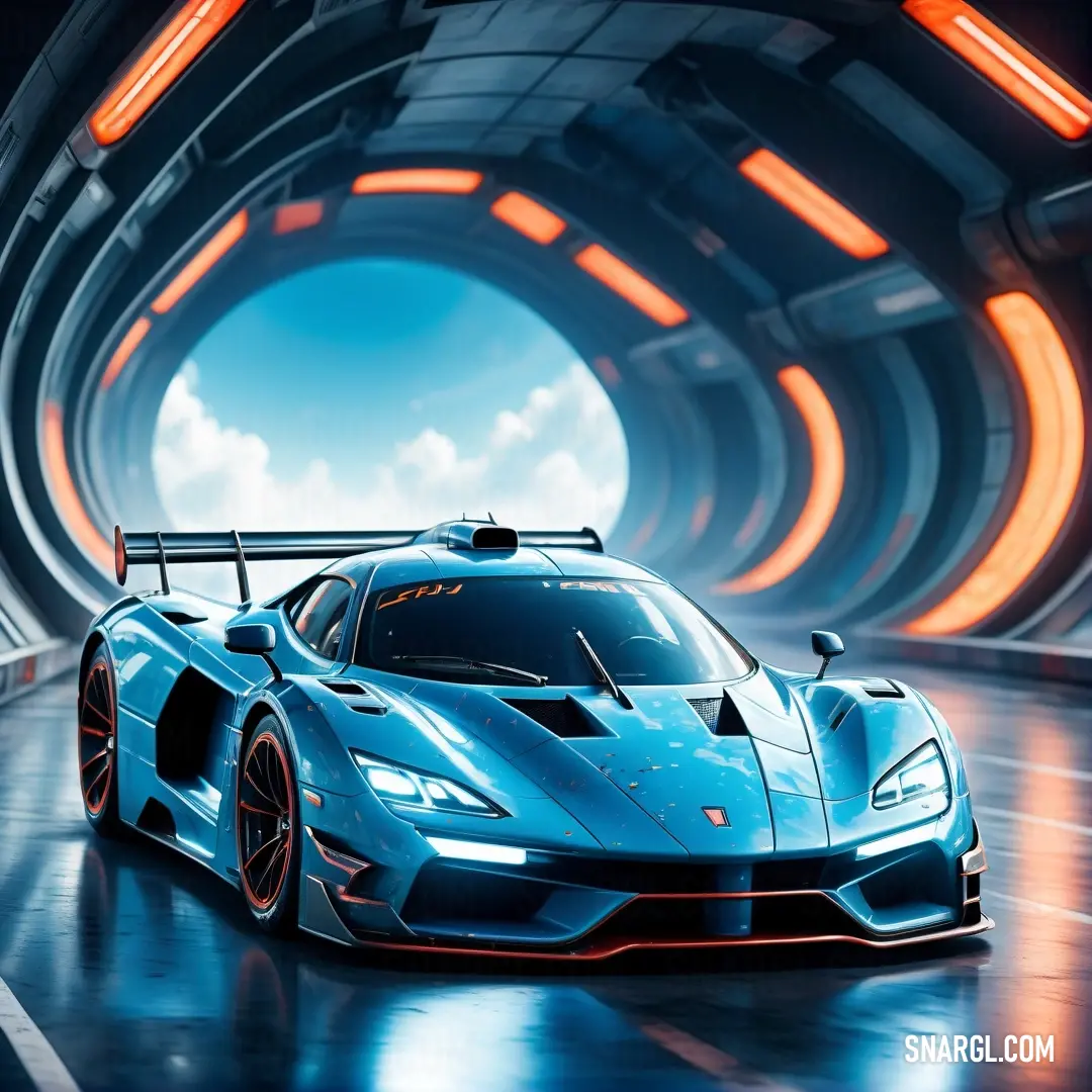 Blue sports car driving through a tunnel with lights on it's sides and a sky background. Example of PANTONE 2955 color.