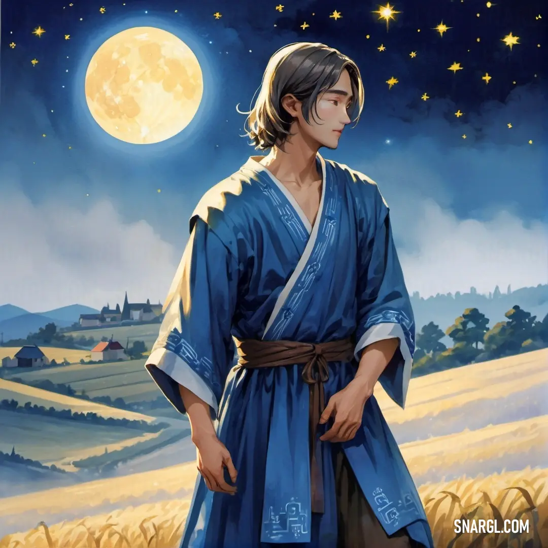 Painting of a man in a blue robe standing in a field of wheat under a full moon with a sky full of stars. Color CMYK 100,60,10,53.