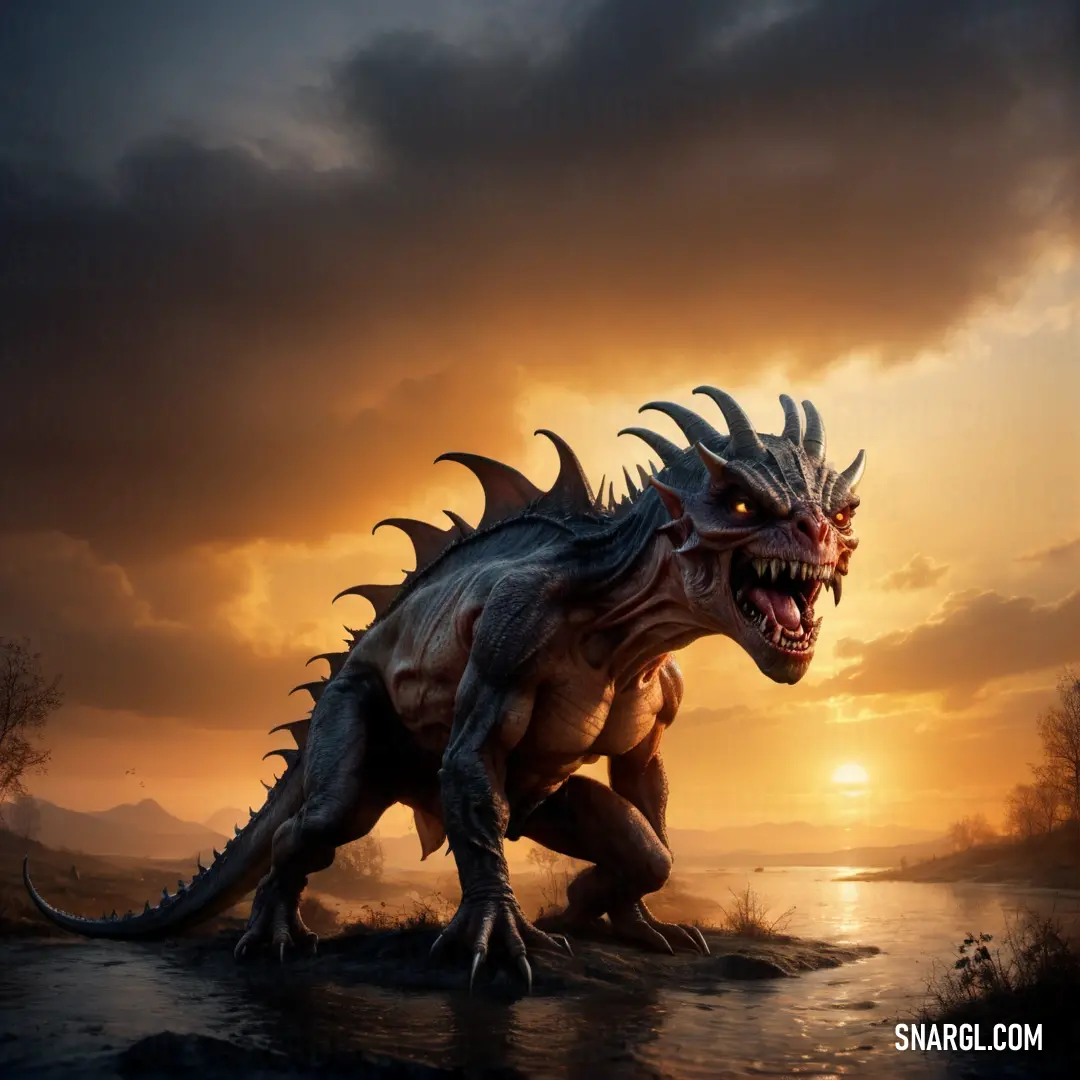 Large dragon with sharp teeth standing on a rock near a body of water at sunset with a dark sky. Color PANTONE 296.