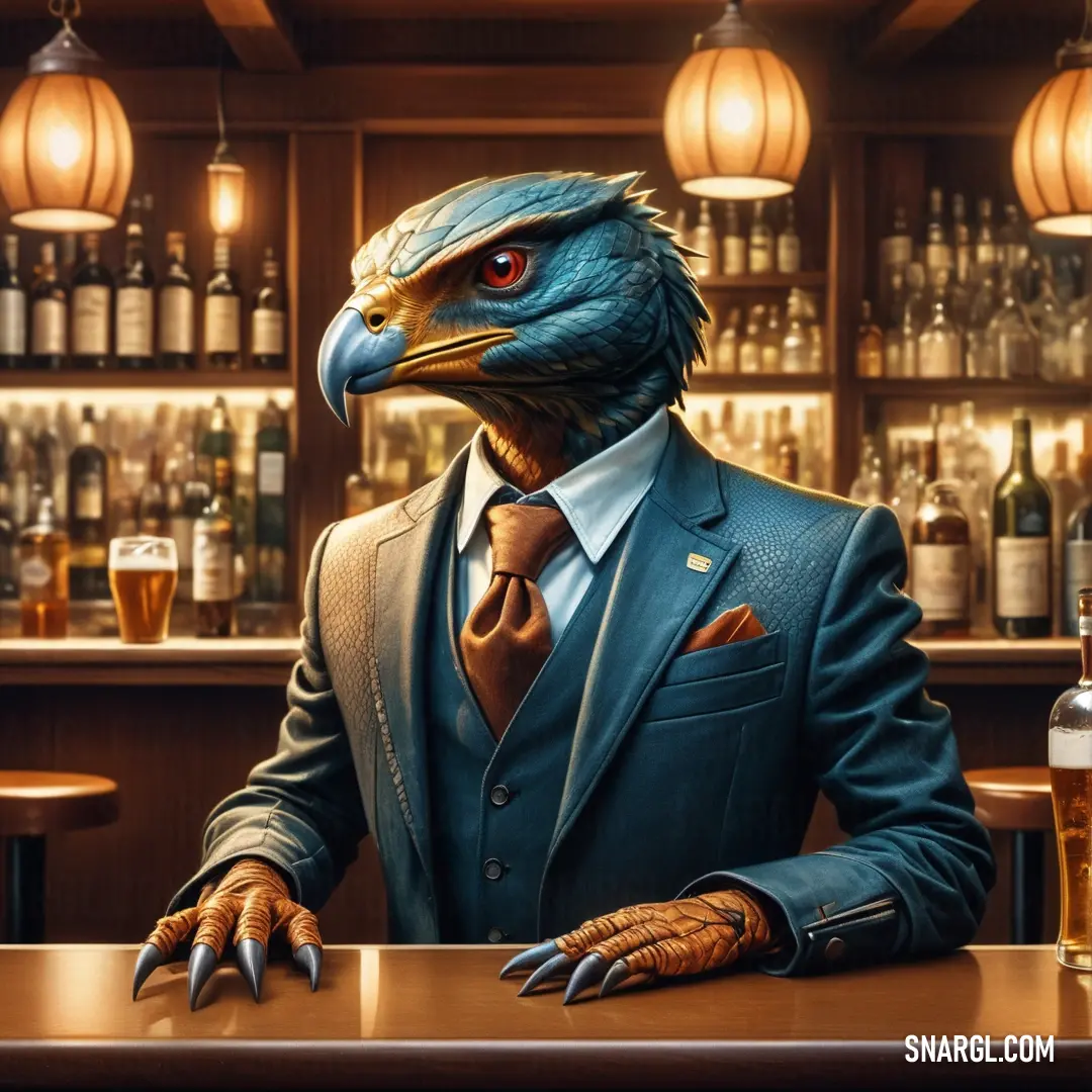 Bird in a suit and tie at a bar with a beer in front of him and a bottle of beer in the background. Example of CMYK 100,63,16,78 color.