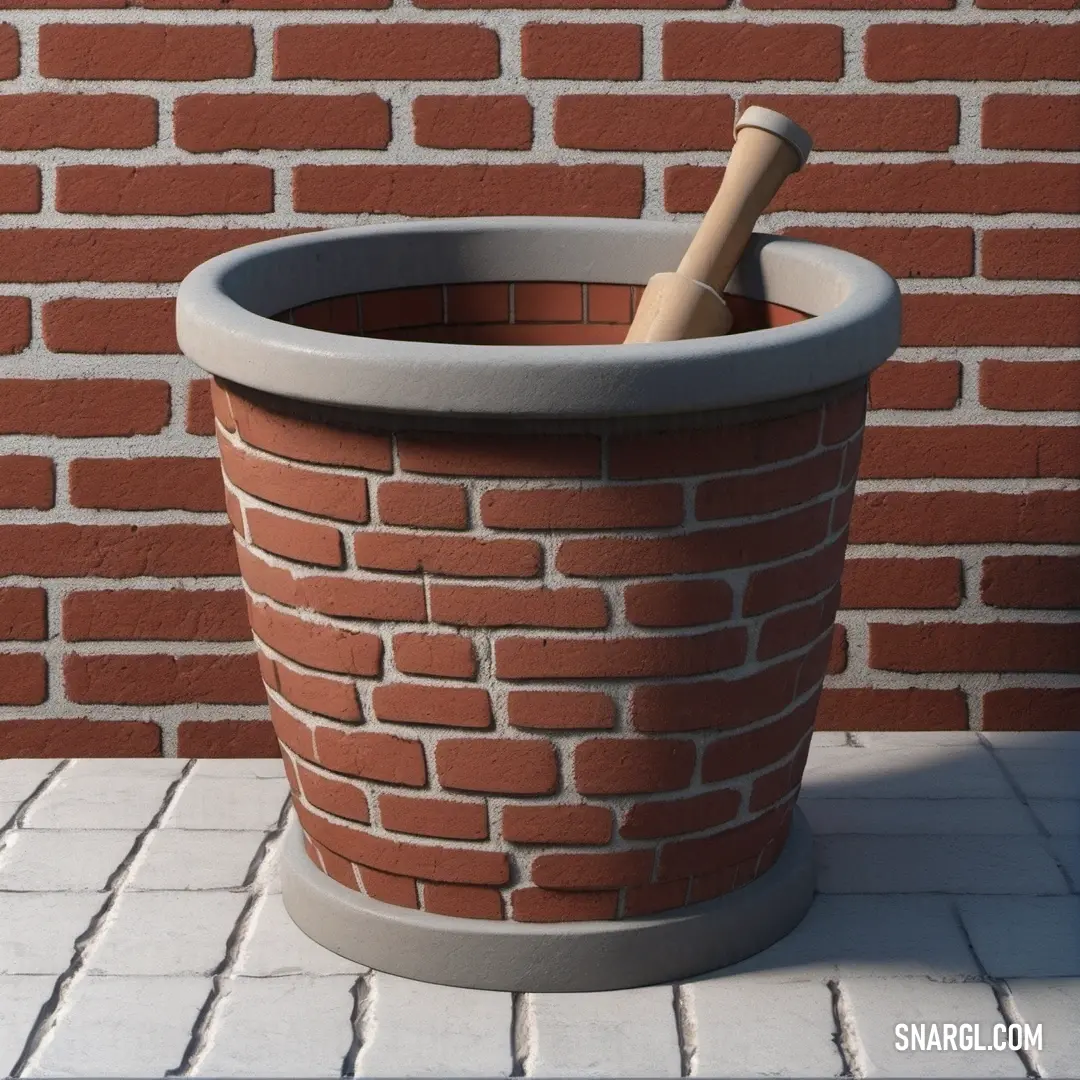 A brick planter holds a baseball bat, set against a brick wall on a patio. The color PANTONE 2965 is reflected in the setting, enhancing the rustic yet modern atmosphere of the scene.