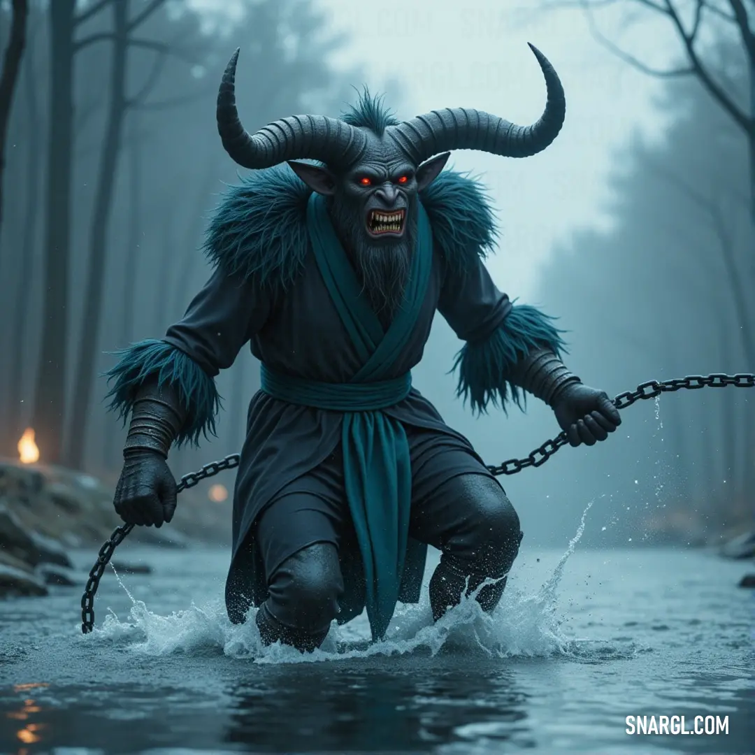 A mysterious demon, featuring horns and chains, traverses a rain-soaked river with a heavy chain around its ankles, vividly illustrated in the robust RGB 32,52,75 color scheme.