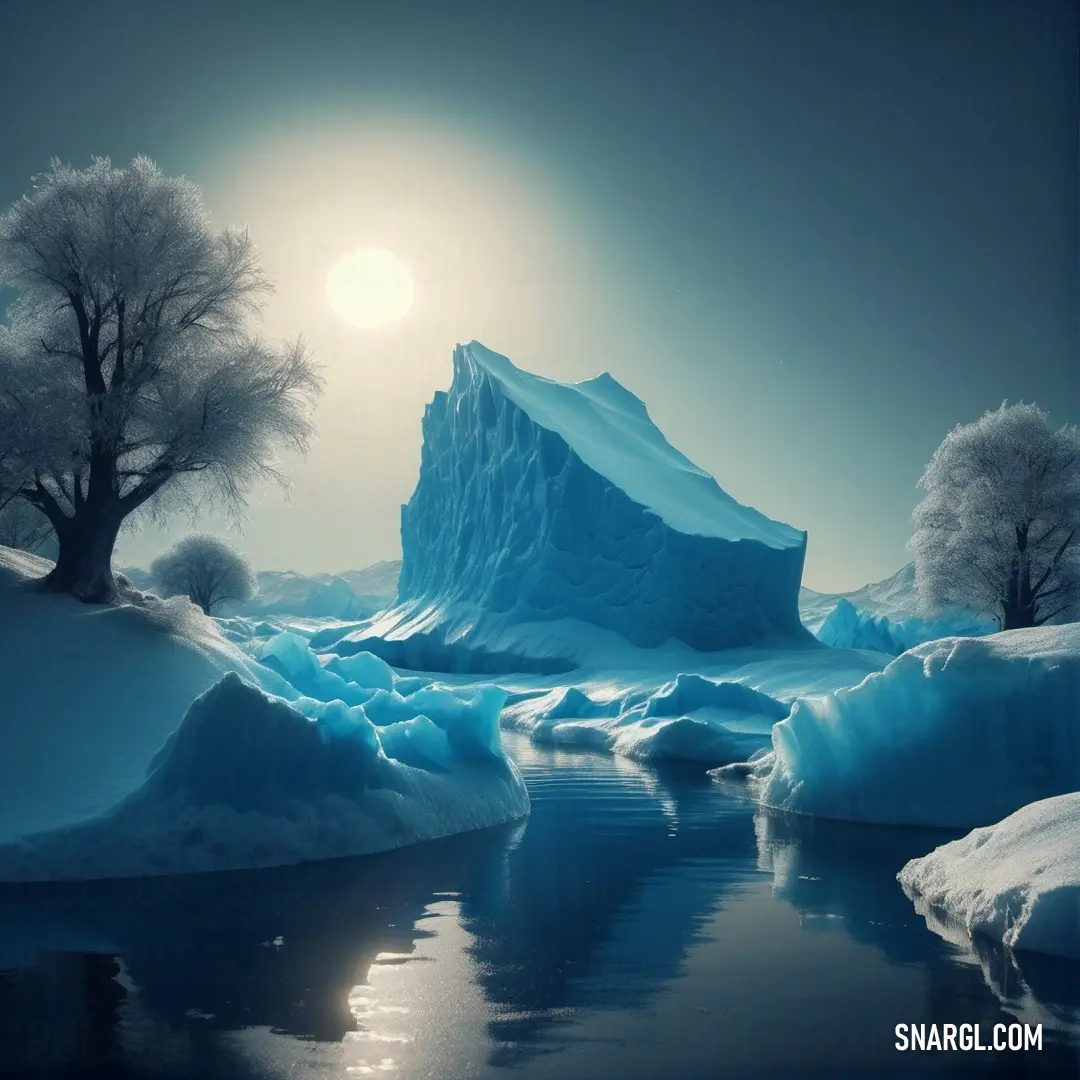 Frozen lake with icebergs and trees in the background. Color CMYK 100,63,16,78.