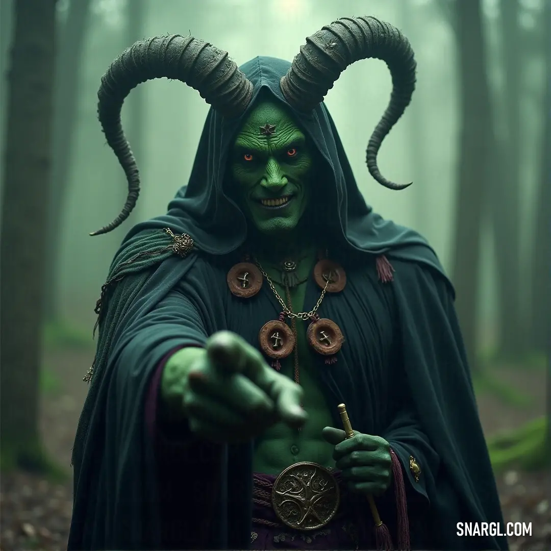 A man in an elaborate green costume complete with striking horns, framed by a harmonious green background that enriches the essence of PANTONE 2965 color.