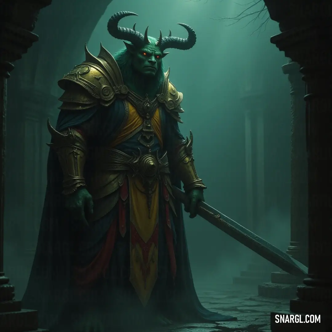 An intriguing portrayal of a man adorned in a striking horned costume, wielding a gleaming sword in an atmospheric cave, with soft light illuminating his fierce expression and the demon perched on his head, creating a scene rich in mystery.