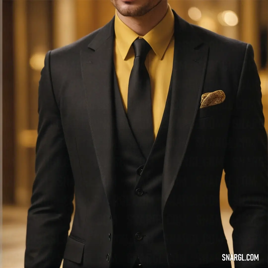 A poised man in a sharp suit and tie stands confidently in a modern hallway, accentuated by his striking yellow shirt and black pants, radiating professionalism and style in a sleek, contemporary setting that commands attention.