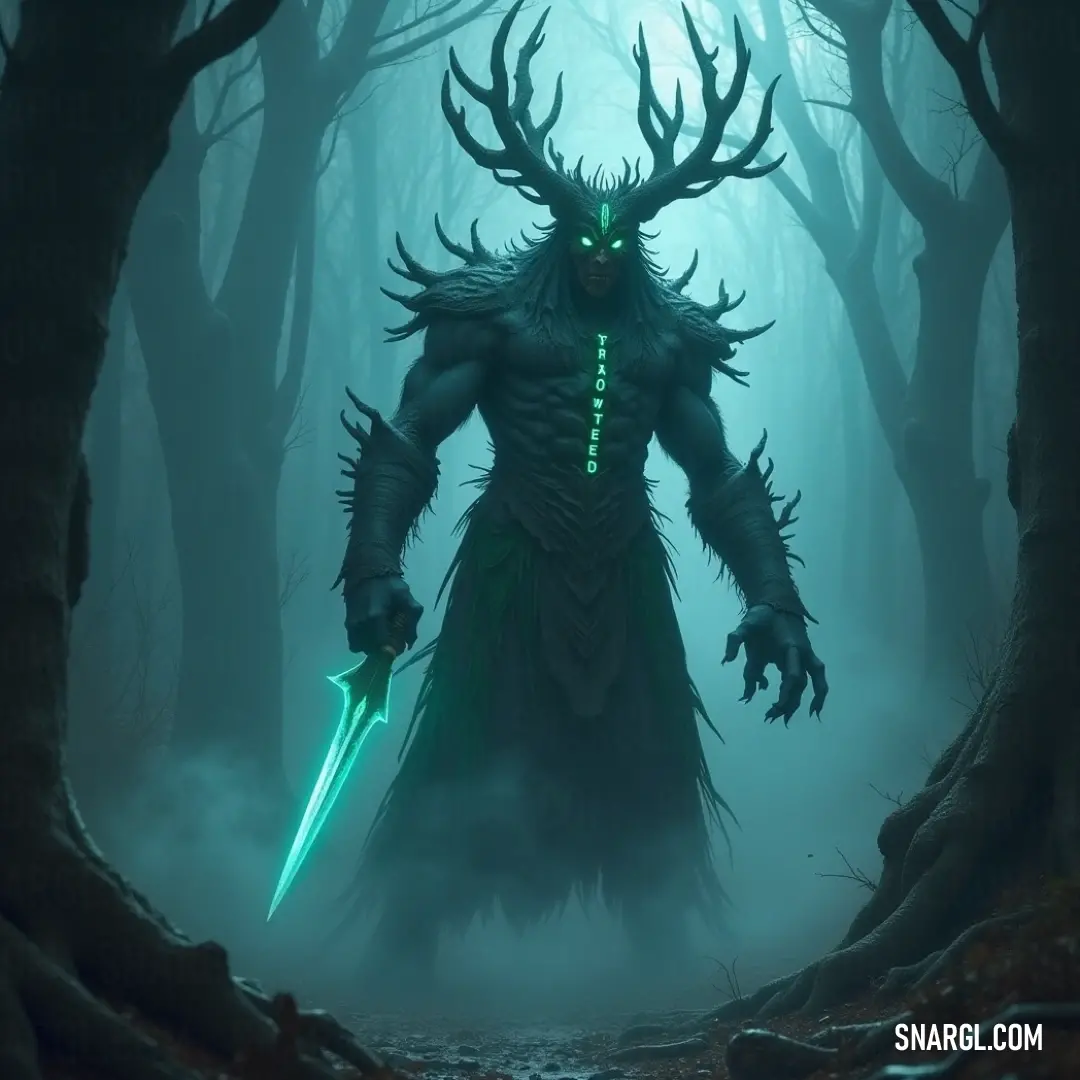 A dramatic image showcasing a man wielding a vibrant green sword in a mysterious forest, where fog swirls around his feet and beams of light breakthrough the canopy above, creating an enchanting atmosphere of adventure and anticipation.