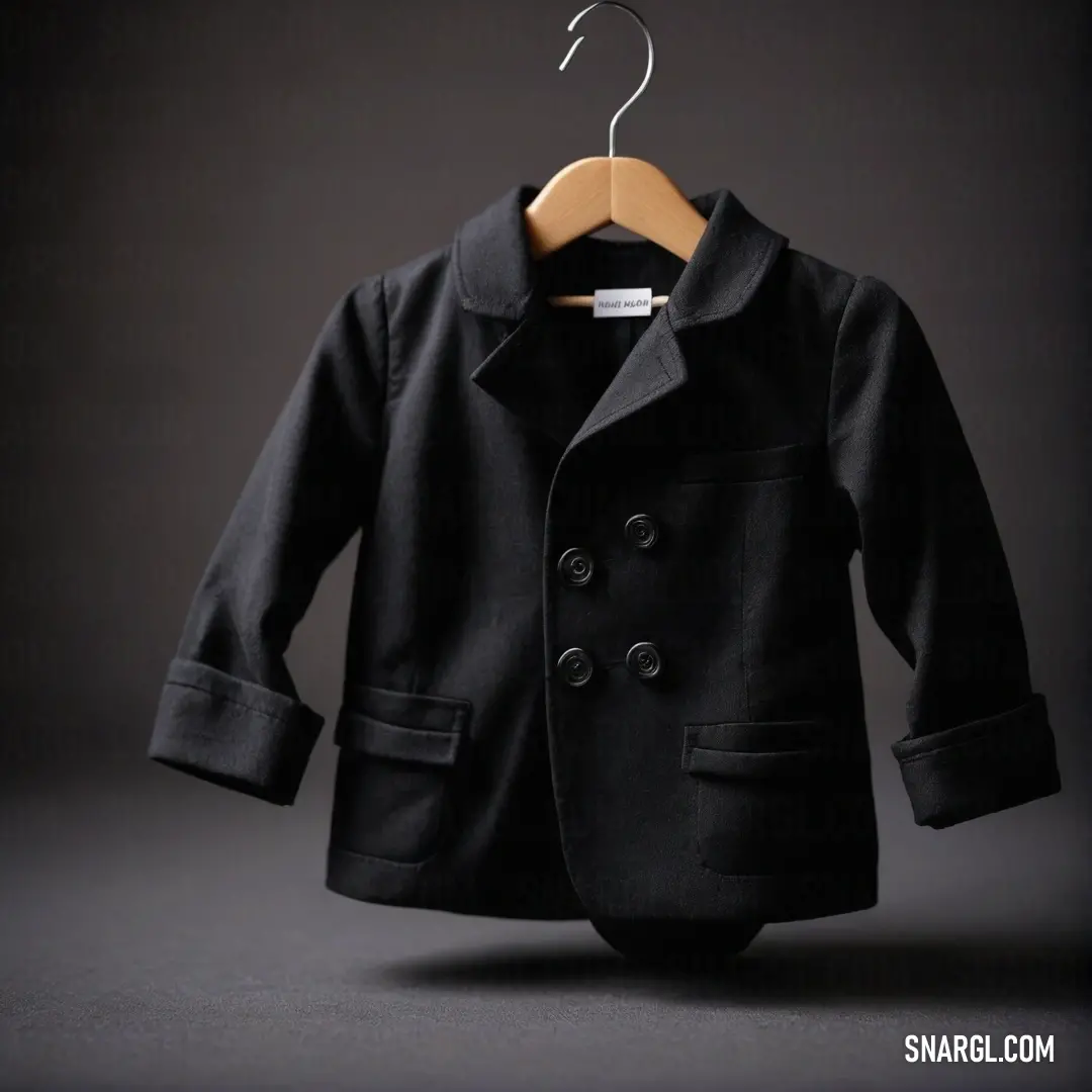 A stunning black coat artistically hangs on a clothes rack against a stark black background, depicting a minimalist yet elegant aesthetic that highlights the garment's intricate details and timeless sophistication in fashion design.