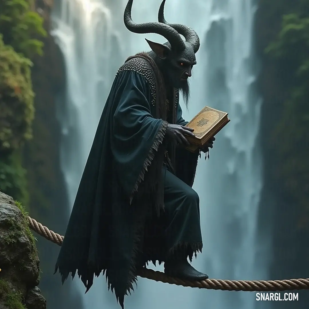 A whimsical man in a horned costume sits on a rope, engrossed in reading a book near a majestic waterfall, showcasing the tranquil beauty of the #20344B color.