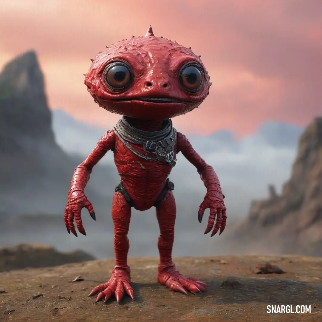 A quirky red creature with oversized eyes stands atop a rocky formation in a sunlit desert landscape. The distant mountains create a striking backdrop, enhancing the uniqueness of this whimsical figure.