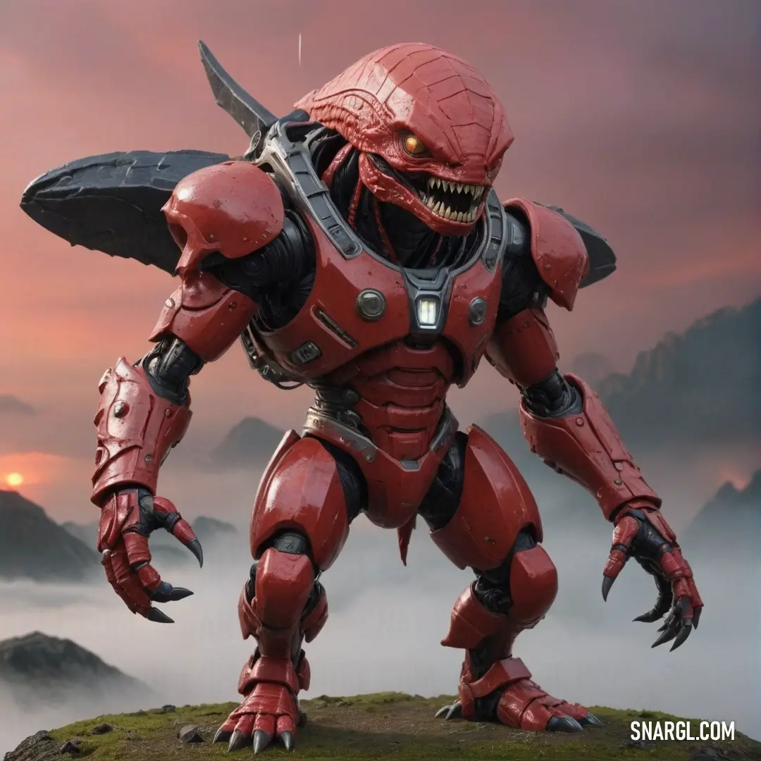 A large-headed red robot stands boldly on a misty hillside, shrouded in ethereal fog. Its oversized arms add a playful element amidst the mysterious setting, inviting curiosity into its world.