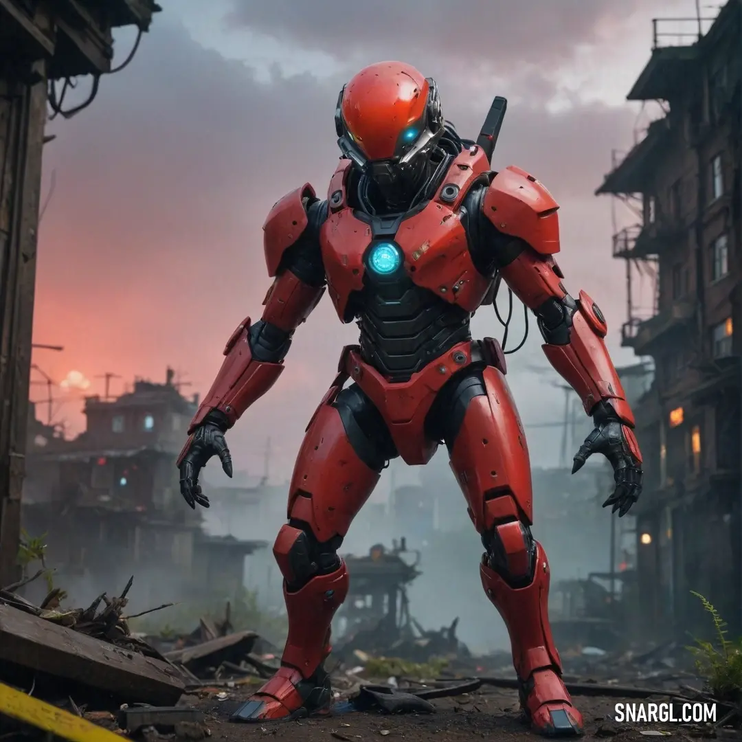 A futuristic robot stands confidently in a vibrant cityscape, adorned with a striking red helmet. A blue light pulses from its face and arm, illuminating the surroundings, set against a backdrop of towering buildings and bustling streets bursting with lif