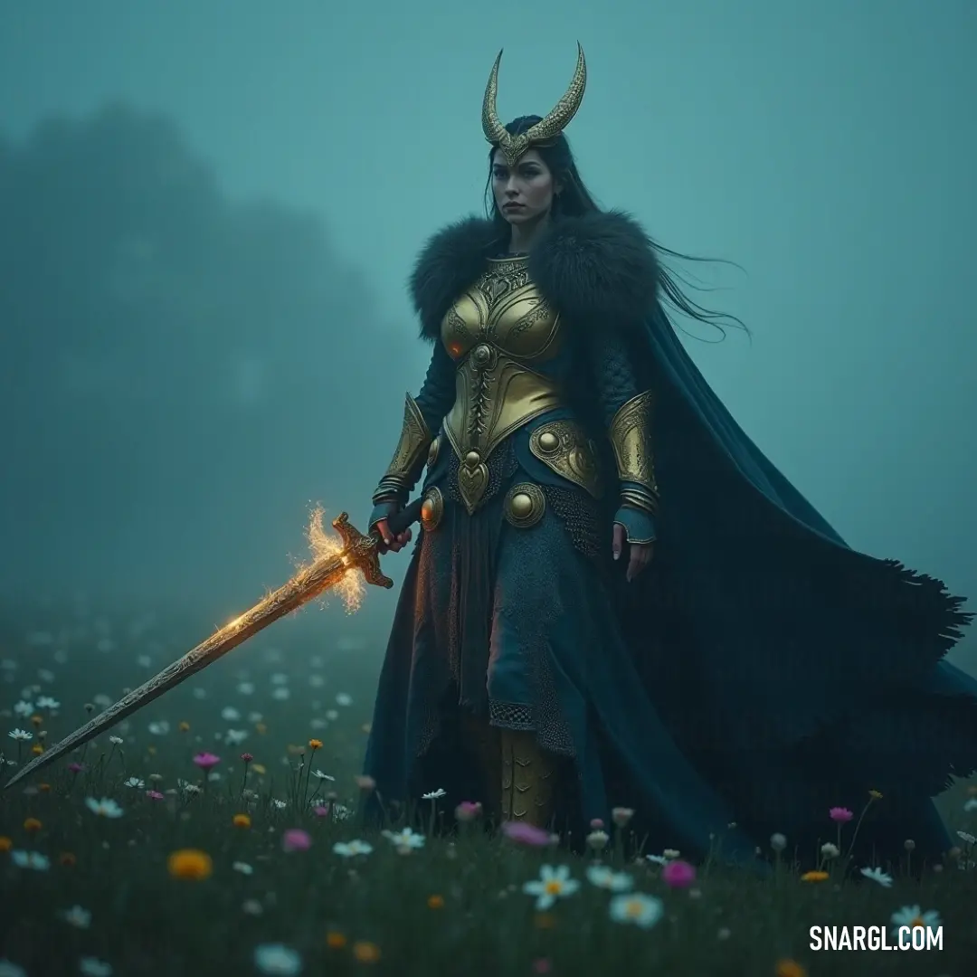 A woman, adorned in a vibrant costume, confidently holds a sword as she stands in a field of flowers. The ethereal fog surrounding her adds a layer of mystery, while the colors of the flowers enhance the dramatic atmosphere.