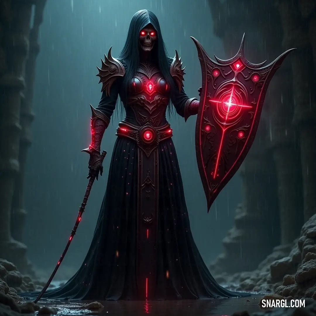 A fierce woman clad in a flowing dark dress brandishes a glowing red sword and a shield with enigmatic eyes, standing powerfully against a dramatic backdrop that suggests strength and defiance.