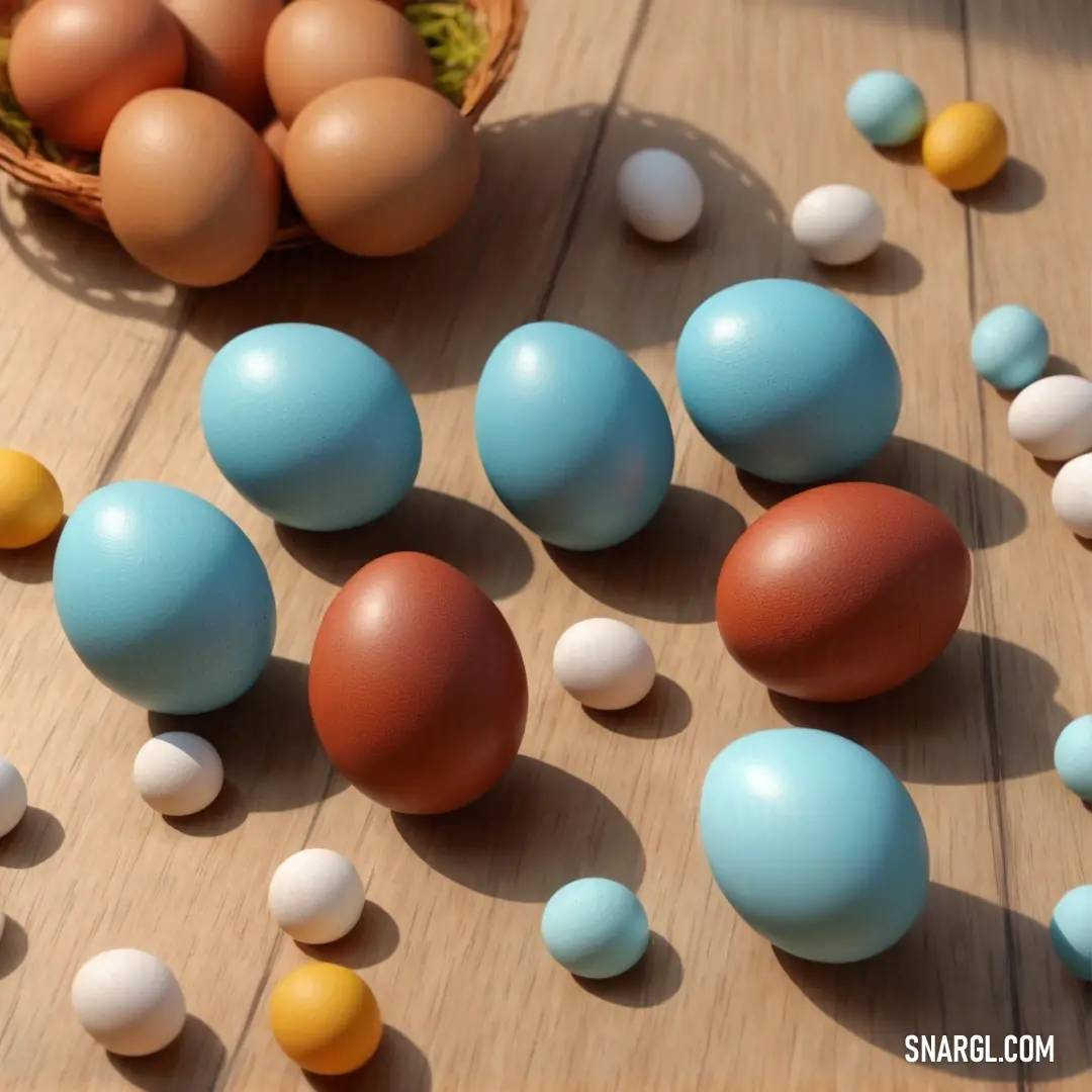 A charming collection of eggs nestled in a woven basket, showcasing various colors and patterns, with additional eggs adorning the table, inviting viewers to celebrate the joy of creativity and the beauty of nature.