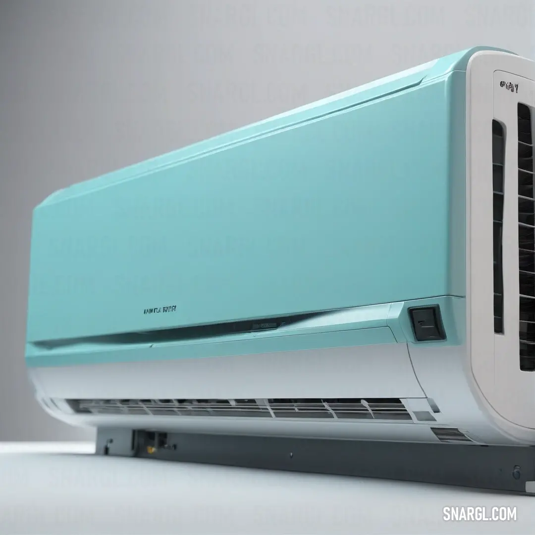 A blue and white air conditioner sits atop a table, positioned next to a wall-mounted air conditioner. The cool colors of the air conditioner emphasize the crisp and modern look of the space.