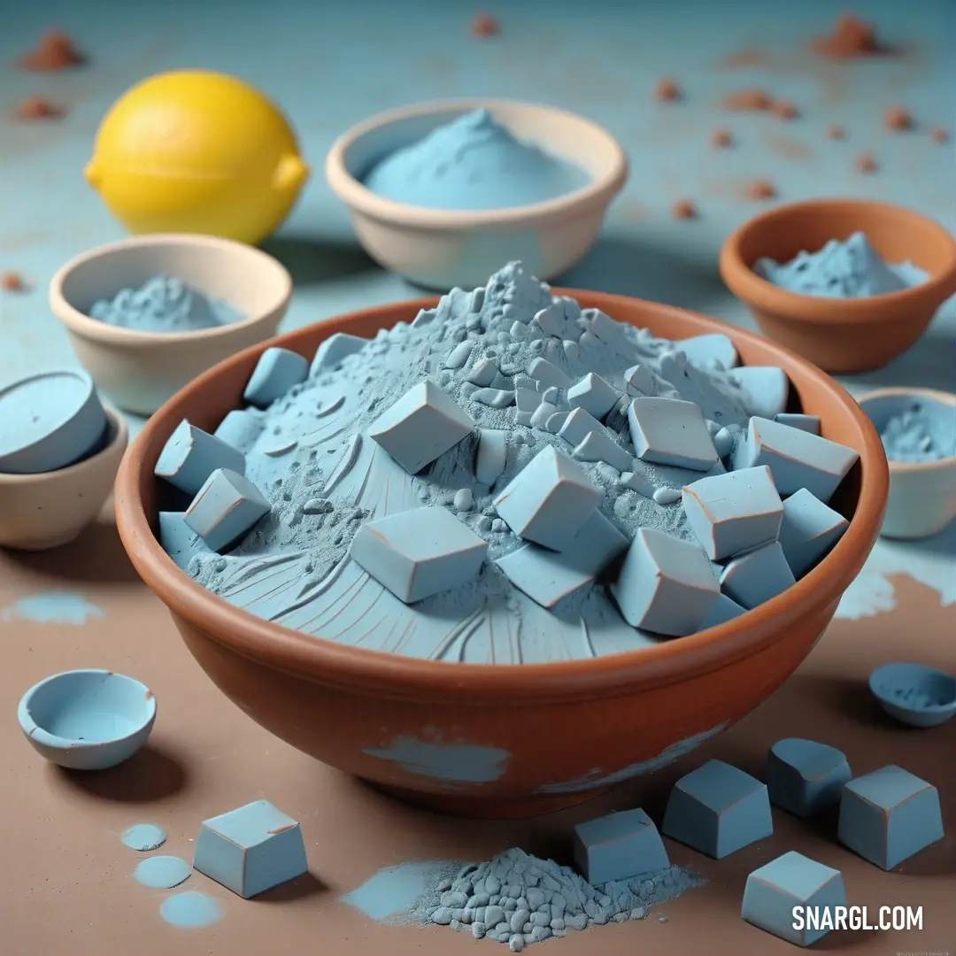 An artfully arranged bowl of vibrant blue clay beside other bowls and a cheerful lemon on a rustic table, presenting a harmonious blend of colors and creativity that sparks inspiration.