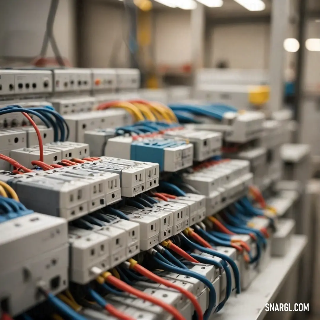 A tangled array of colorful electrical wires and an array of switches take center stage in this room, featuring a stylish light fixture that casts a warm glow in the background, showcasing a harmonious blend of functionality and aesthetics.