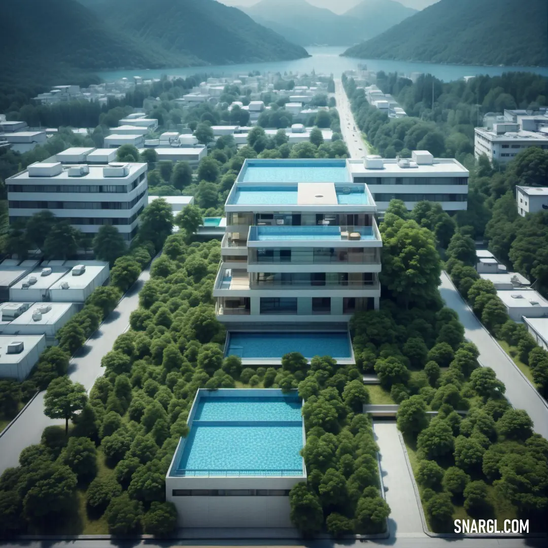 Large building with a pool in the middle of it. Color CMYK 52,0,1,0.
