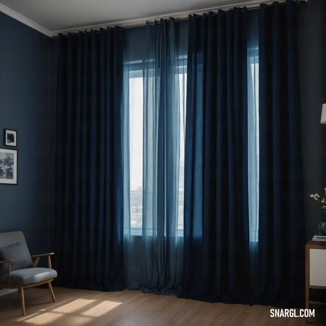 A serene living room adorned with a cozy chair near a window dressed in flowing blue curtains. Sunlight streams through, illuminating the wooden floor and enhancing the soothing PANTONE 297 ambiance of the space.