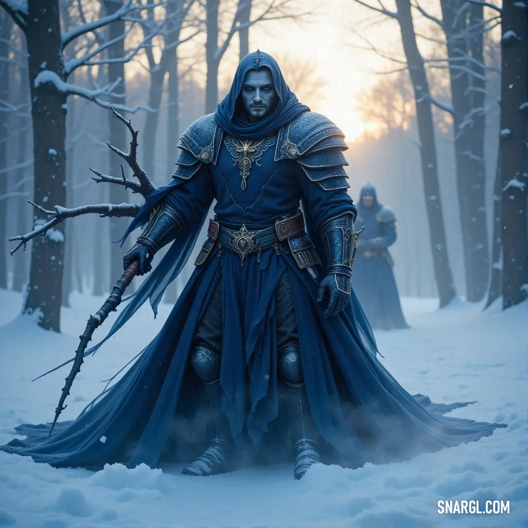 A brave man donned in a striking blue ensemble stands in a wintry landscape, gripping his sword tightly as he navigates the shimmering snow, embodying the courage required to conquer the harshest of elements.