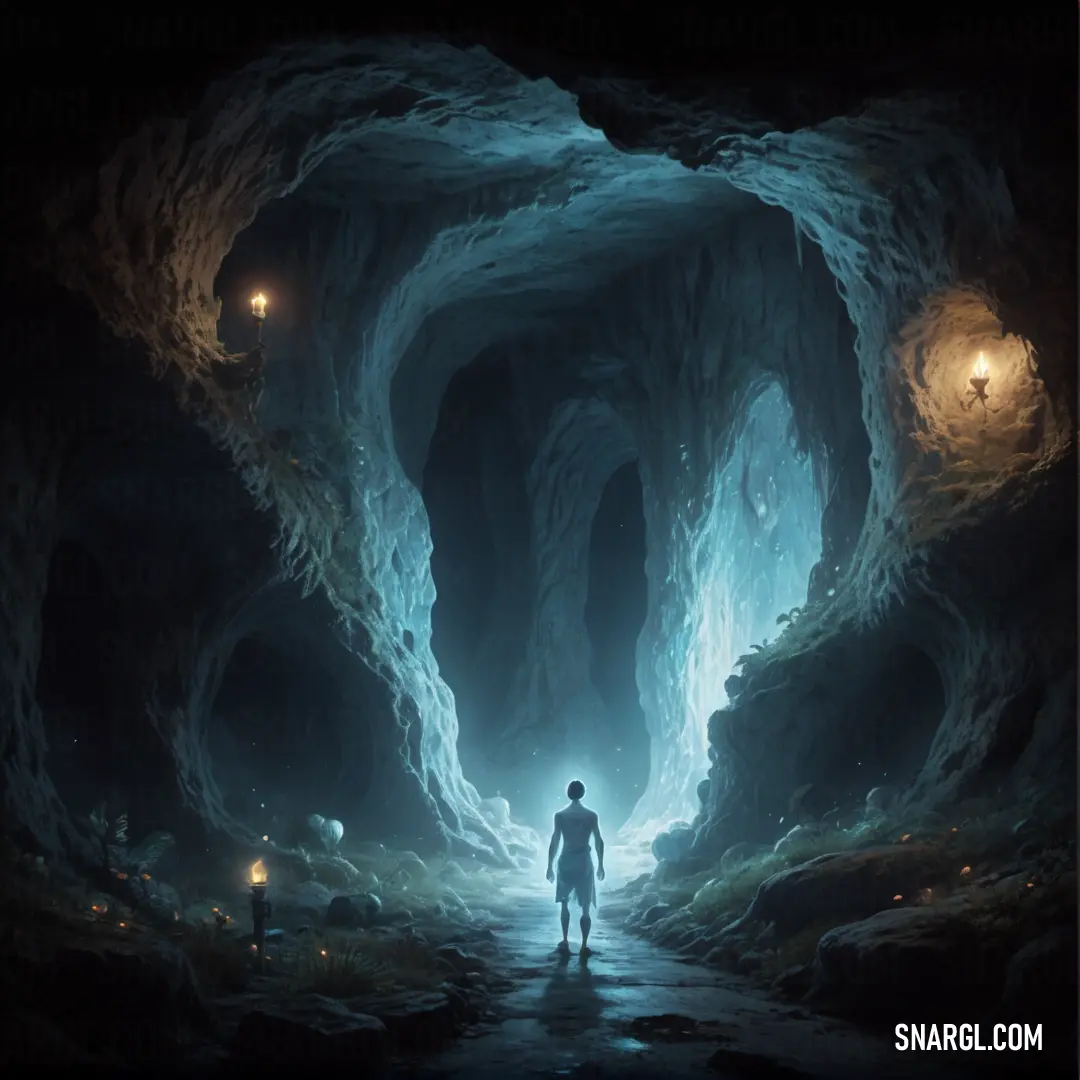 Man standing in a cave looking at the light at the end of the tunnel. Color #7CCBEA.