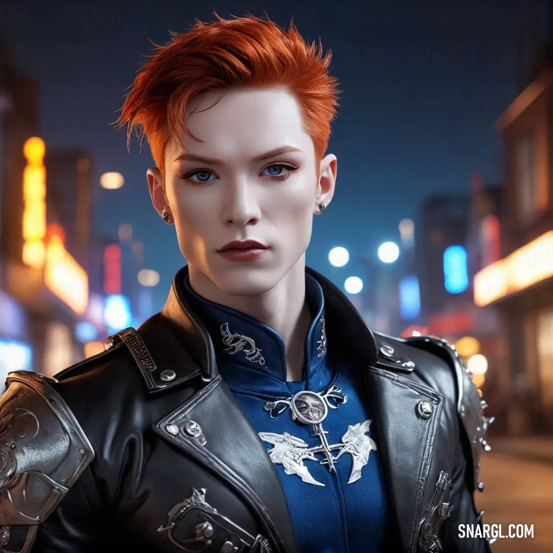 A stylish man with striking red hair dons a trendy leather jacket, standing under the glow of neon lights in a vibrant city street at night. The aura of the lively surroundings brings a sense of excitement and adventure.