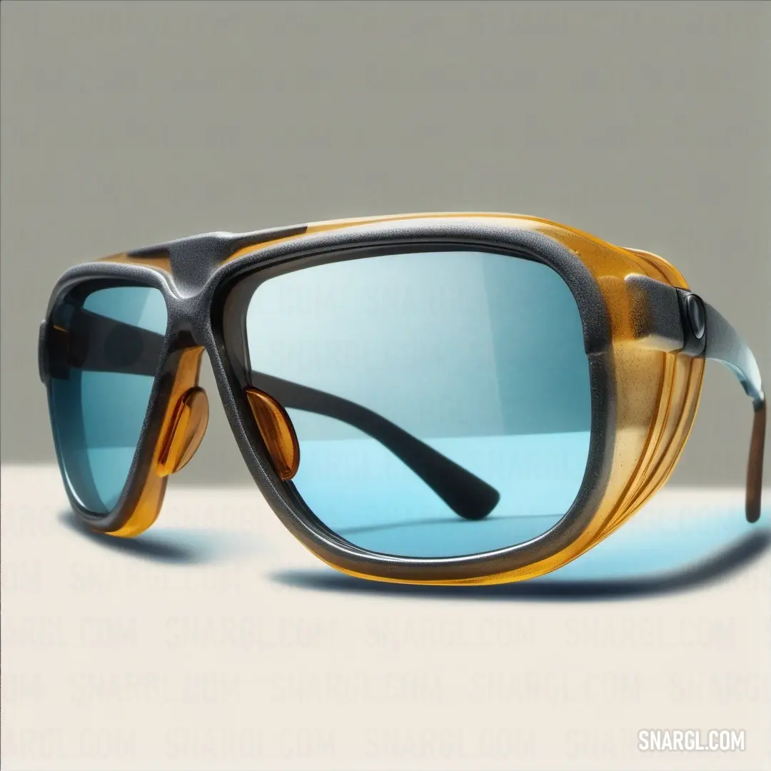 A striking example of PANTONE 297 shown through a chic pair of sunglasses, accented by a blue lens reflecting light on a pristine white surface, illustrating the essence of modern style and sophistication.