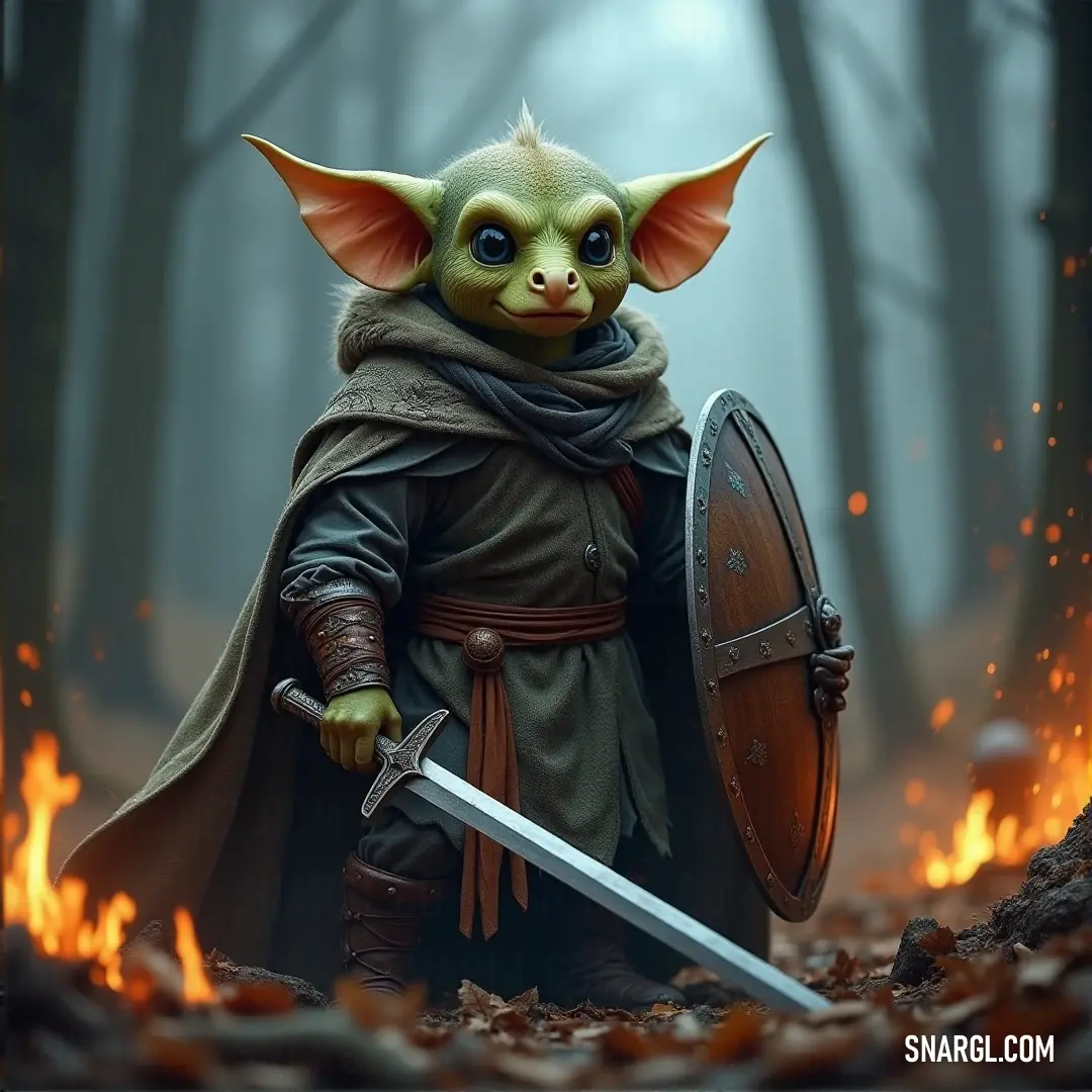 In a fiery scene, a playful creature resembling Baby Yoda wields a sword and shield, seemingly ready to confront any challenge in the vibrant forest. Flames flicker menacingly in the background, providing a striking contrast against the greenery.