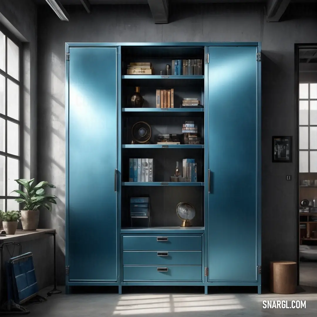 A vibrant blue bookcase filled with books stands against a window, with sunlight streaming in and a potted plant adding a touch of nature to the scene. The bright blue hue of the shelves adds a burst of color to the room.